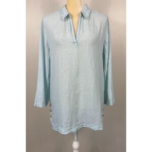St. Tropez West Linen Top Blue Medium V-Neck Beachy Lagenlook Resort Vacation